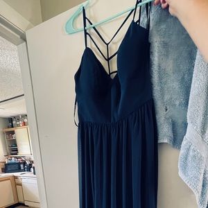 Floor length open back navy blue dress